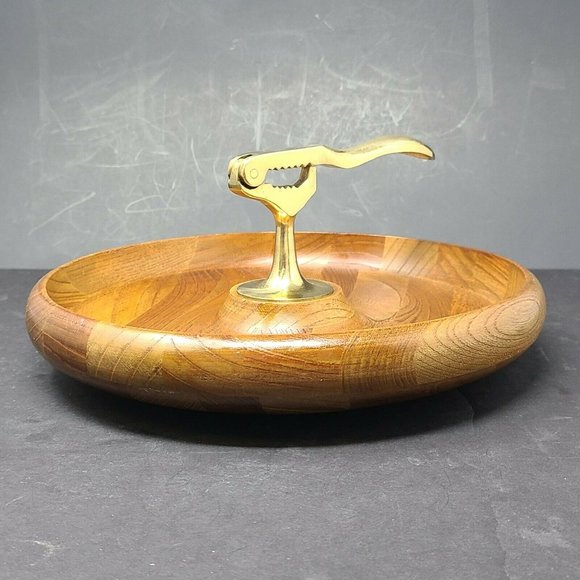 Vintage MCM Wooden Walnut Bowl Brass Nutcracker Mid Century Modern Decor - Picture 4 of 8